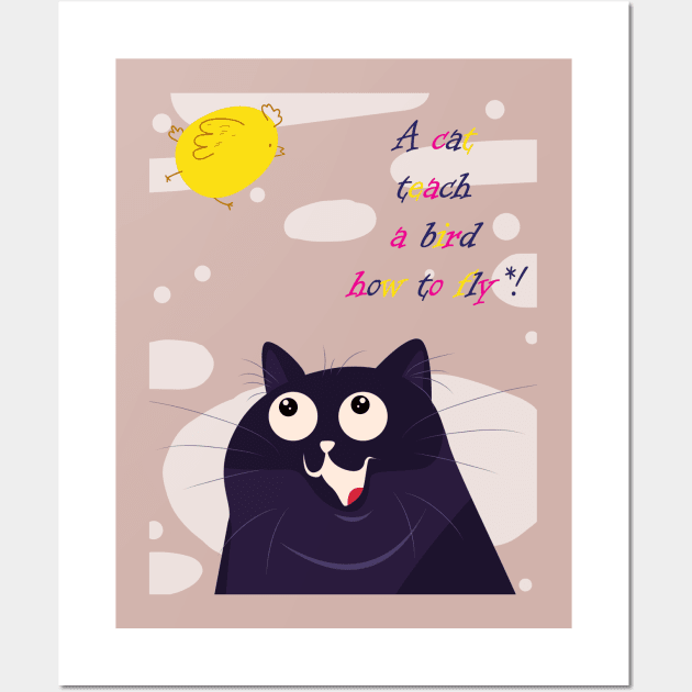 cat teach bird how to fly Wall Art by DunieVu95